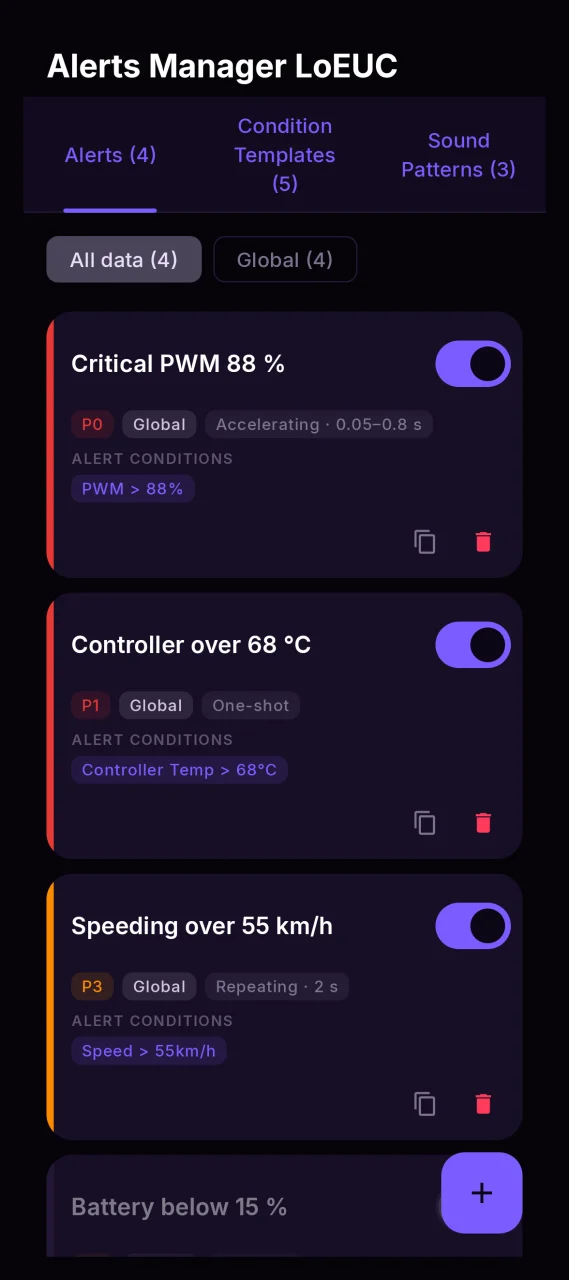The alert list on Android: critical PWM, low battery, speeding warning