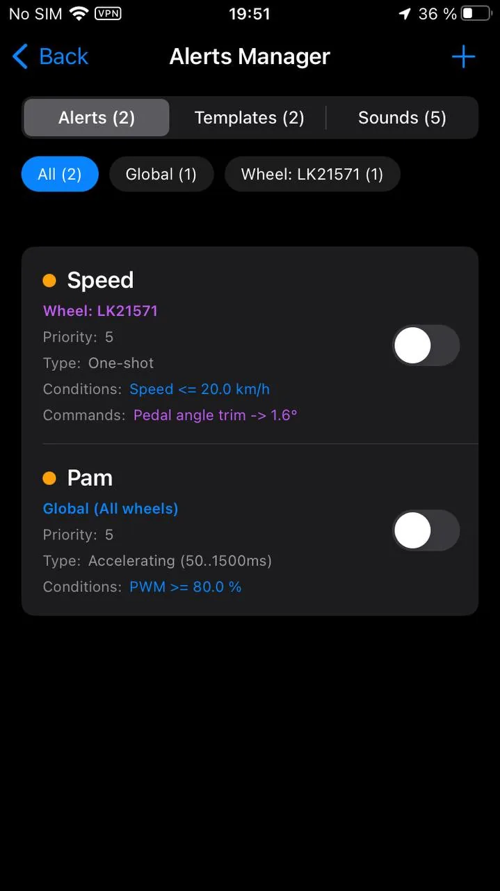 The alert list on iPhone, with conditions and wheel commands visible in the row