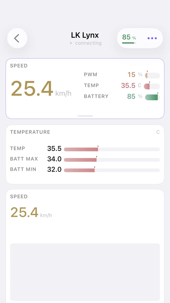 The dashboard on iPhone: speed gauge, battery, voltage, PWM, motor current, temperature