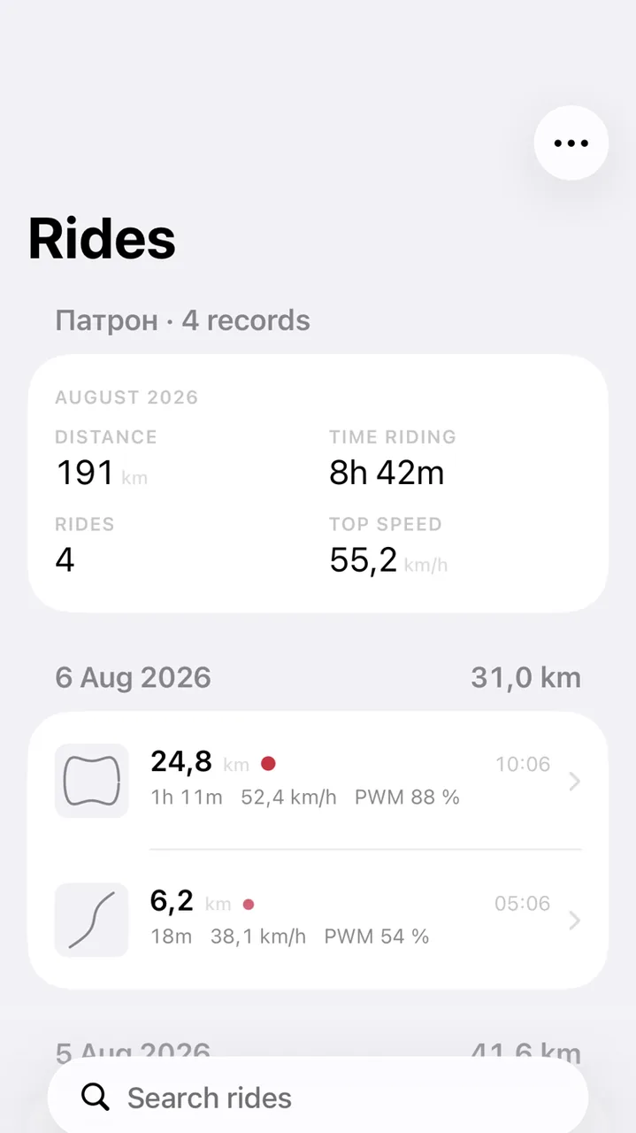 Ride history on iPhone: duration, distance and top speed per ride