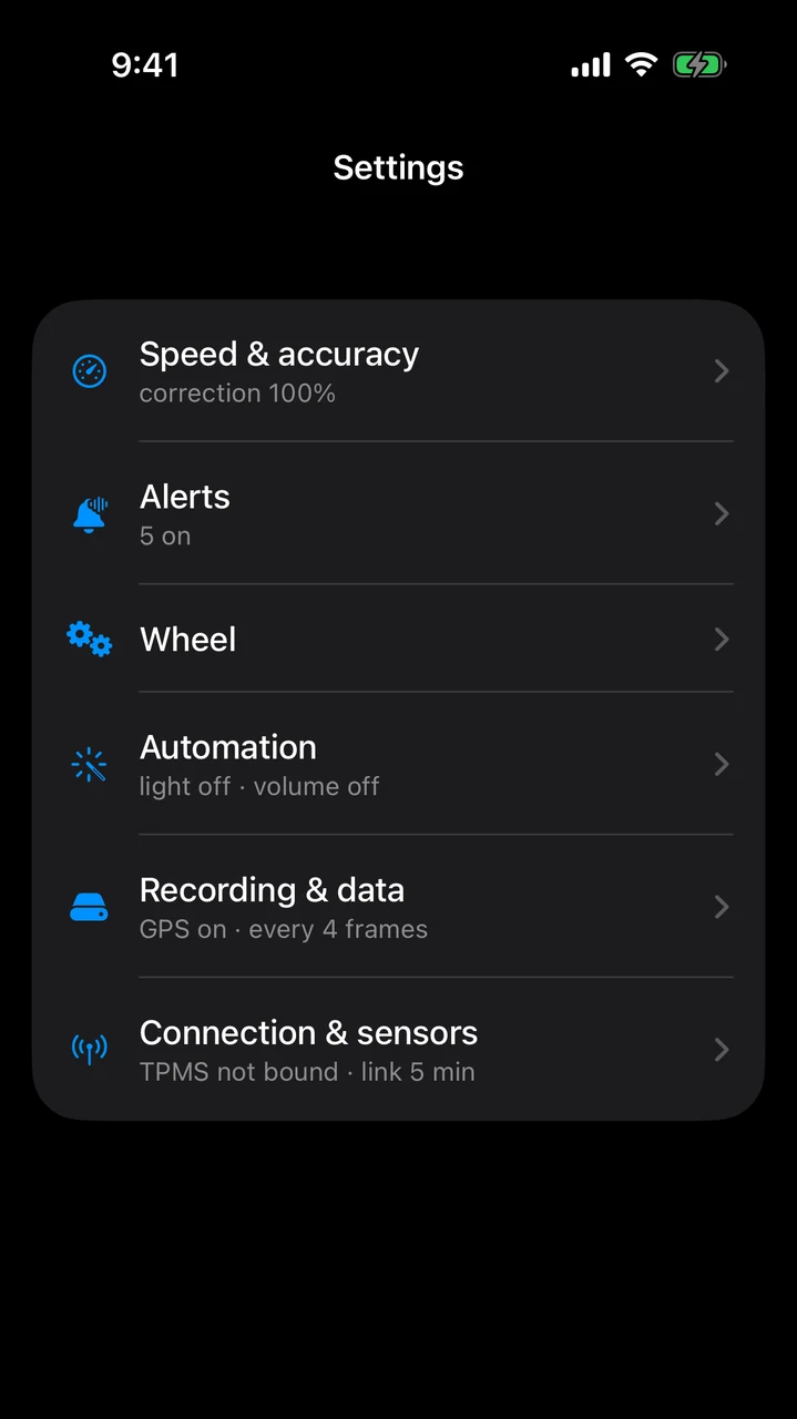 The settings screen on iPhone, listing the sections